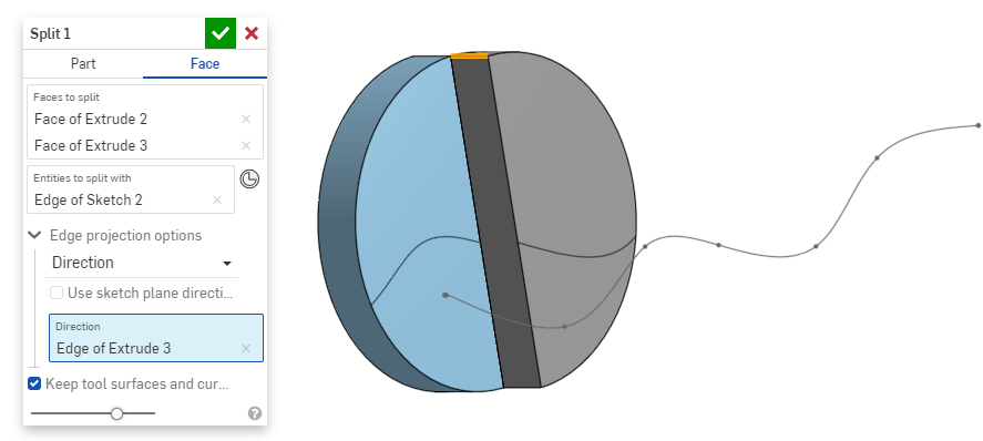 Split face with curve and with direction selected on model