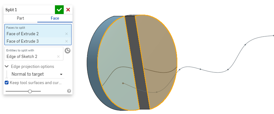 Split face with direction Normal to target