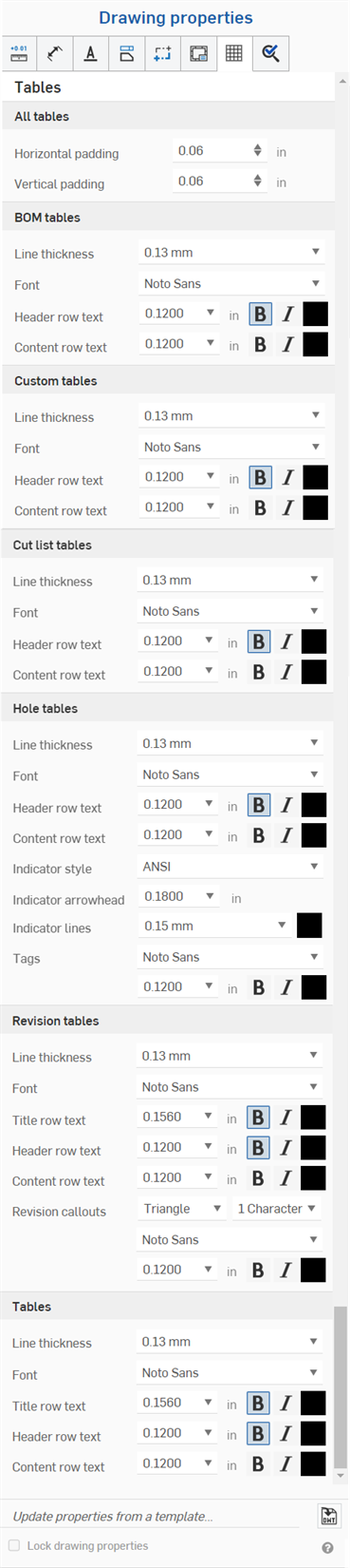 Tables menu in the Drawings Properties menu