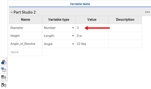 Example showing where to click in the Variable table to access the dropdown list for the Variable type column