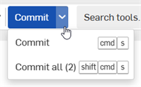 Feature Studio Commit button dropdown clicked. Commit and Commit all (2) are shown in the dropdown menu.