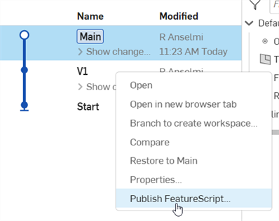 Publish FeatureScript from the Versions and history panel