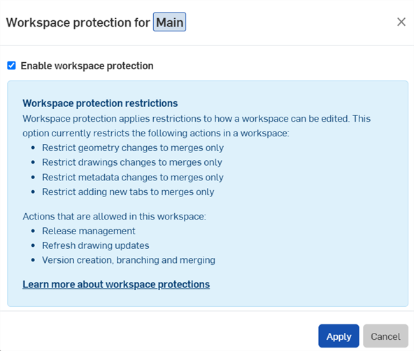 Enable workspace protection dialog