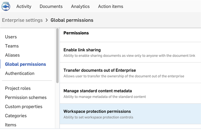 Workspace protection permissions section in Enterprise settings