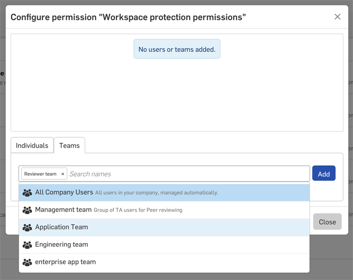 Type to search names and emails in the Search field of the Configure permissions dialog