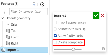 Double-clicking the Import feature in a Part Studio to open the Import dialog and enable the Create composite option