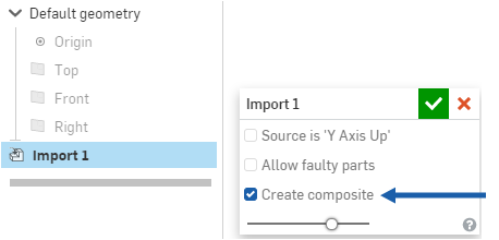Double-clicking the Import feature in a Part Studio to open the Import dialog and enable the Create composite option
