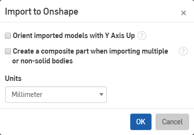 Import to Onshape dialog, showing the Create a composite part when importing multiple or non-solid bodies option