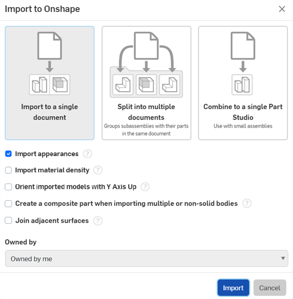 Import to Onshape dialog with Import appearances enabled