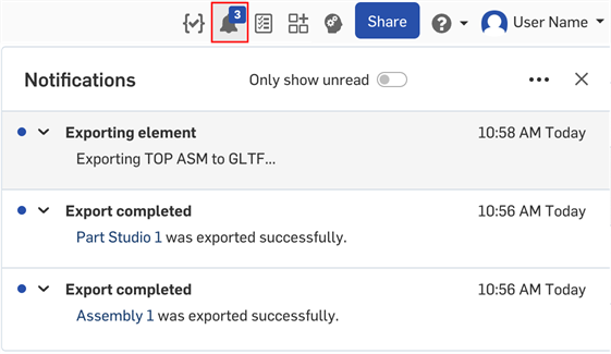 Export progress in the Notifications list