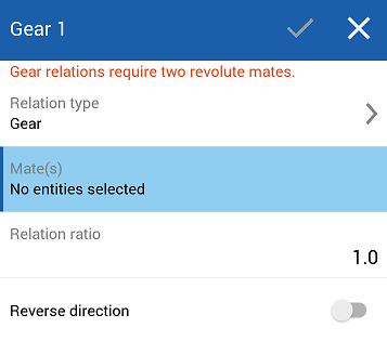 Relations dialog showing a gear relation