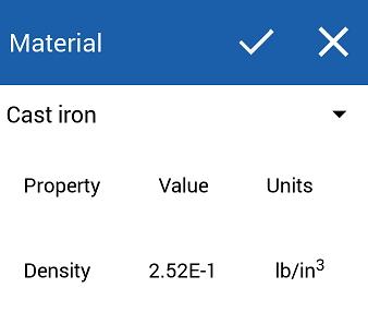 Example of property values for the material