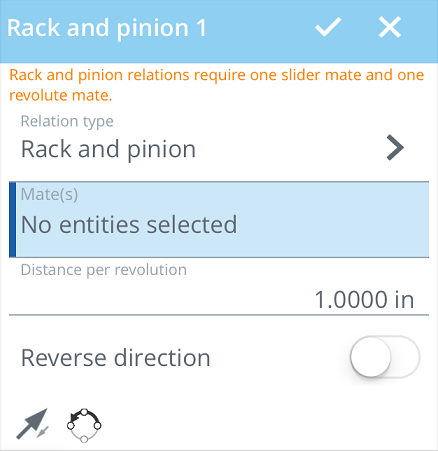 Example of Rack and pinion relation tool dialog