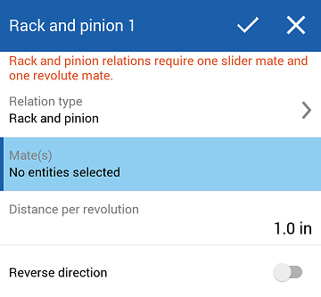 Example of Rack and pinion relation tool dialog