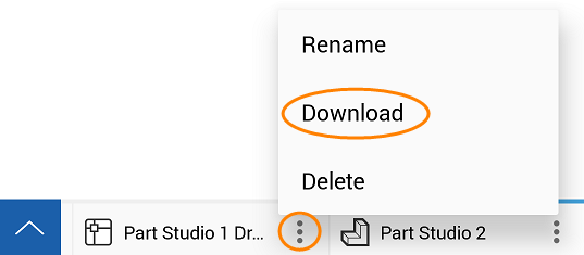 Example of menu icon in Part Studio tab circled in orange, and Download option circled in orange