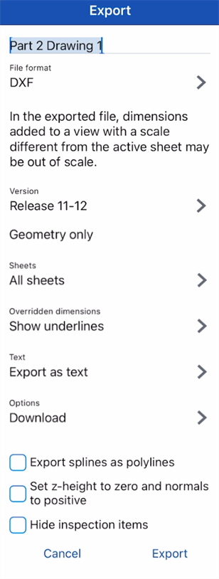 Screenshot of Export dialog on iOS application