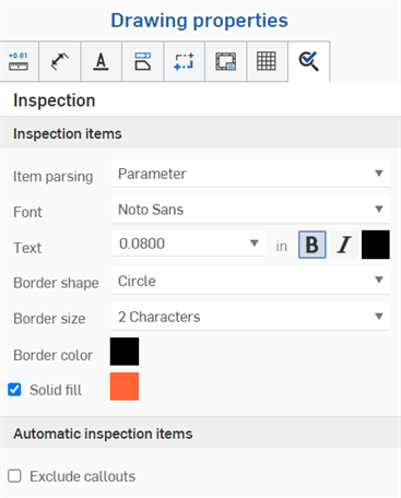 Drawing properties panel, Inspection tab