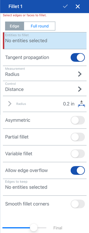 Fillet dialog on iOS