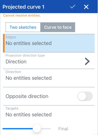 Projected curve dialog with Curve to face option selected, iOS platform