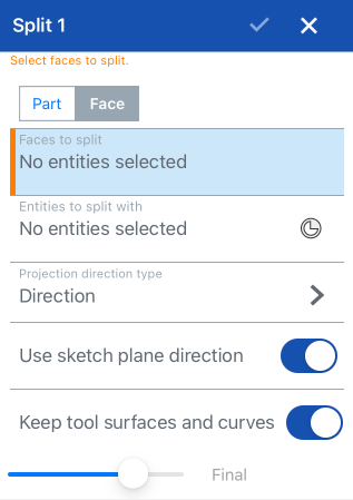 Split face with curve dialog box on iOS