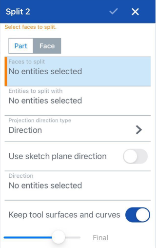 Split face with curve dialog box, select direction, on iOS
