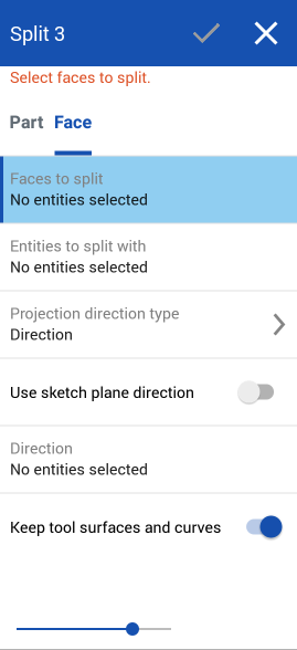 Split Face with curve on Android, dialog box