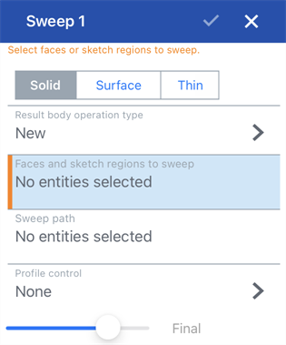 Screenshot of the iOS Sweep dialog