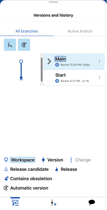 Screenshot of the Versions and history panel in a Part Studio on iOS