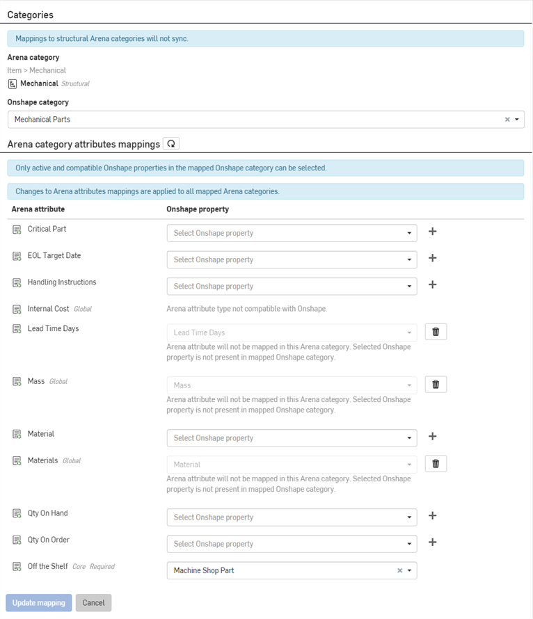 Onshape Categories page in Enterprise settings