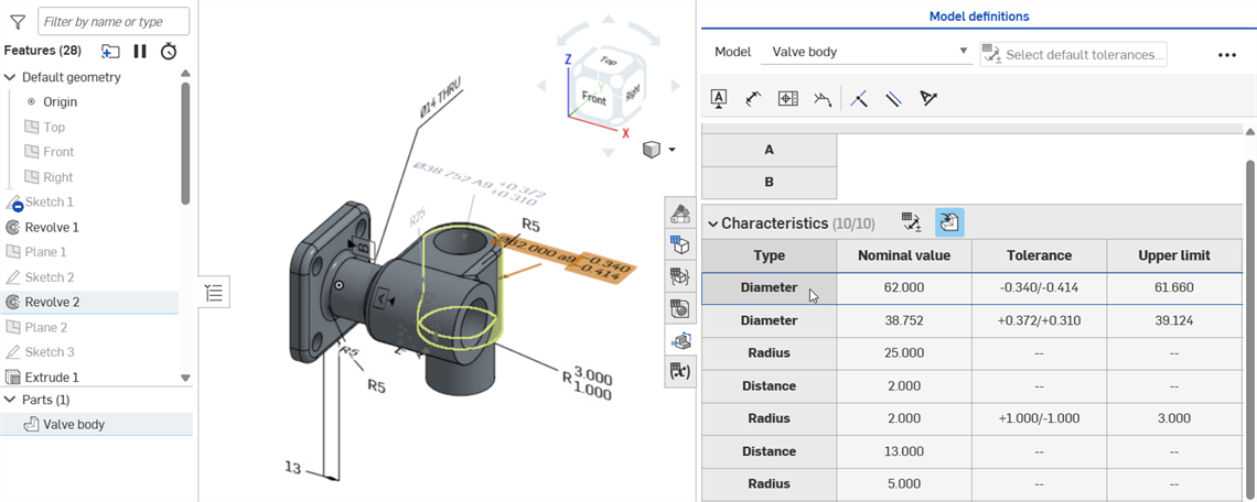 Clicking the Type: Diameter cell to show cross-highlighting