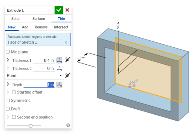 Thin extrude (Thickness 1 and Depth dimensions)