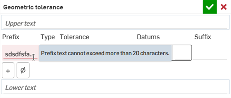 Geometric tolerance dialog with an error in the Prefix field