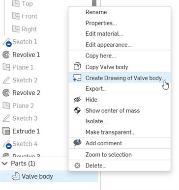 Inserting a part from the Parts list