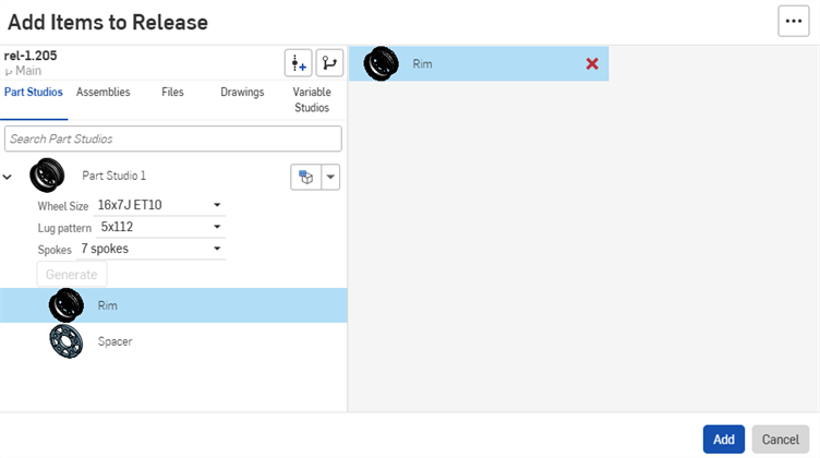 Add Items to Release dialog