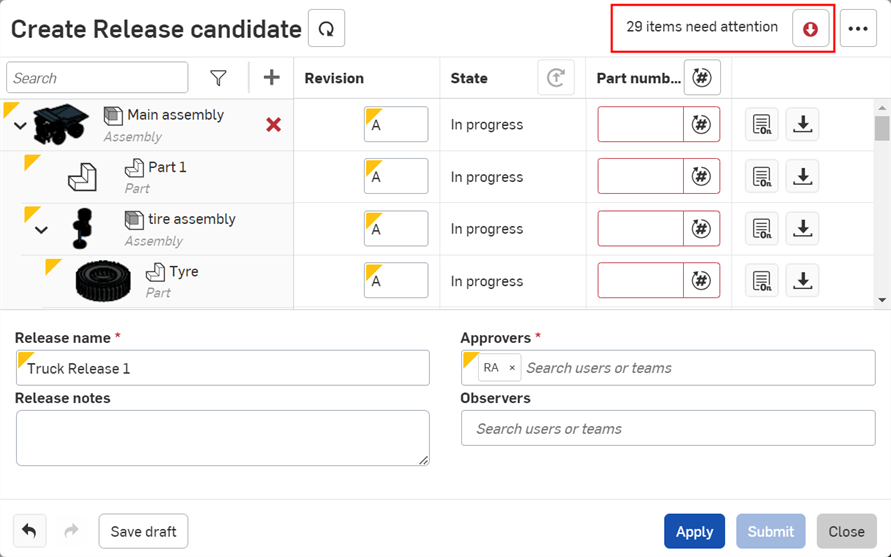 Create Release candidate dialog showing errors