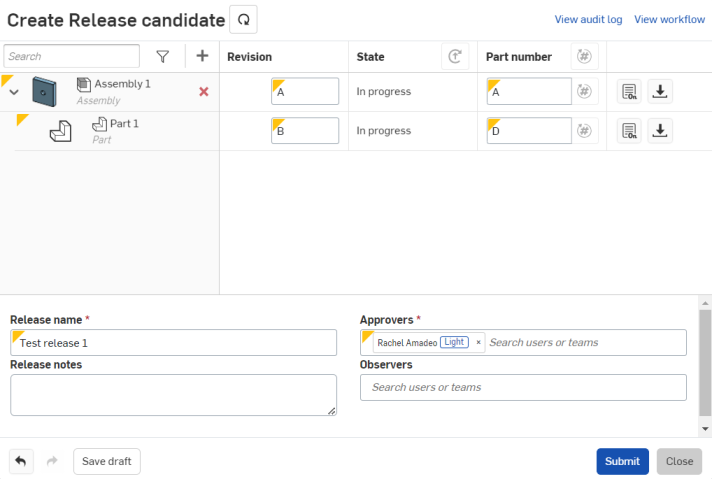 Screenshot of Create Release candidate dialog