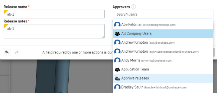 Create Release Candidate Dialog with Approvers Field Open
