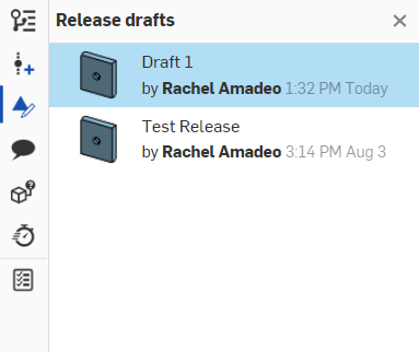 Screenshot of the Release drafts panel open in a document