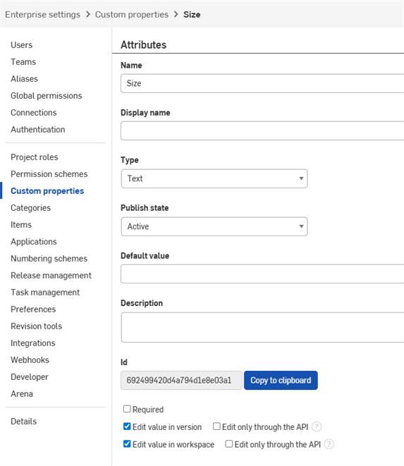 Custom properties settings, with the Size attribute selected