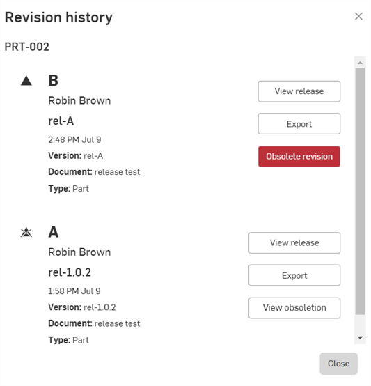 Revision history dialog for a part