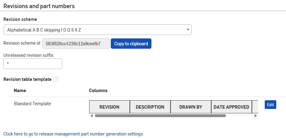 Revisions and Part Numbers settings