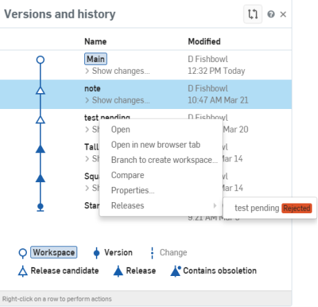 Versions and history panel