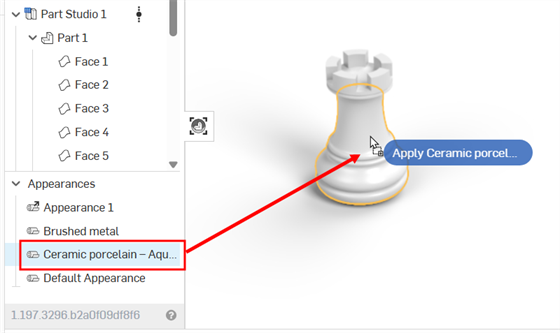 Assigning an Appearance from the Scene list to a part or face in the graphics area