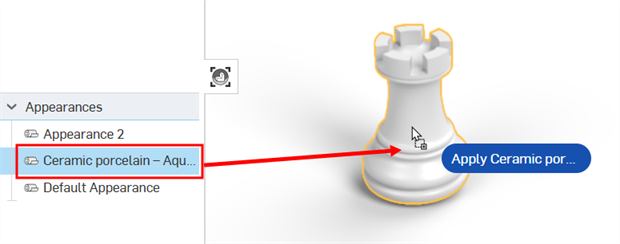 Assigning an Appearance from the Scene list to a part or face in the graphics area