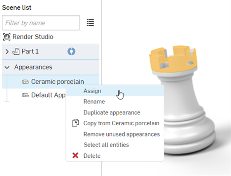 Assigning an Appearance from the Appearances list to elements in the graphics area