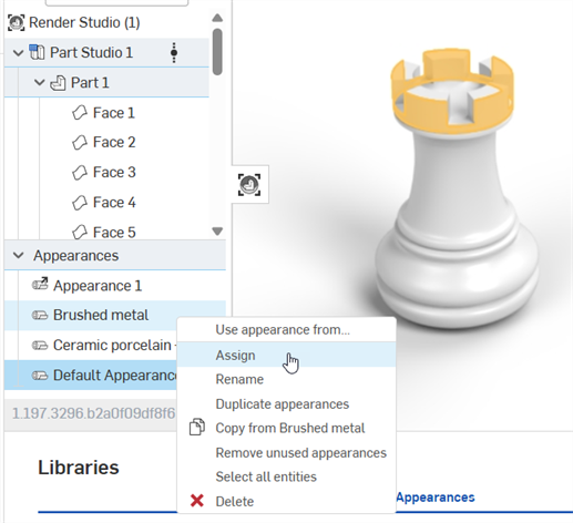 Assigning an Appearance from the Appearances list to elements in the graphics area