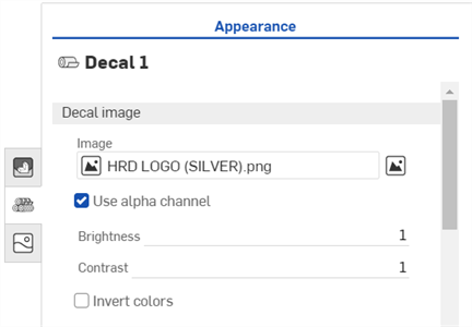 Decal parameters in the Appearance panel