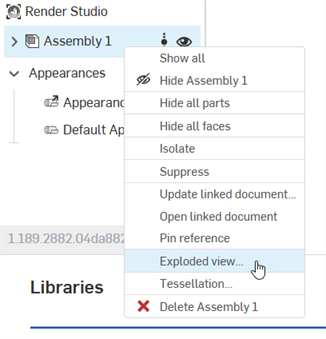 Selecting Exploded view from the Scene list context menu