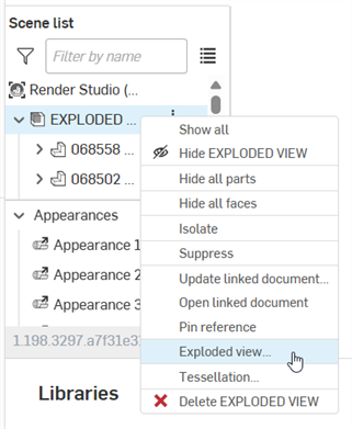Selecting Exploded view from the Scene list context menu