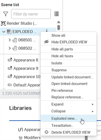 Selecting Exploded view from the Scene list context menu